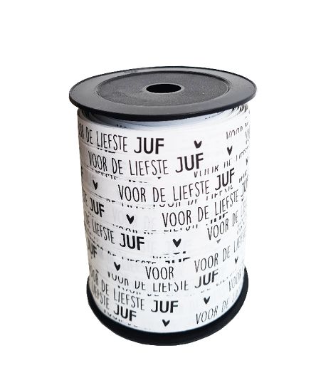 KP® Bedrukt cadeaulint - Voor de liefste juf, wit/zwart - 10mmx150m 3 meter