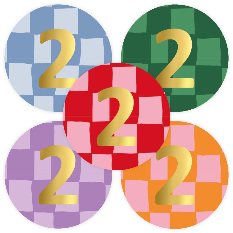 KP® Stickers D40mm - Traktatiesticker Hoera 2 Jaar handdraw grid 10 stks