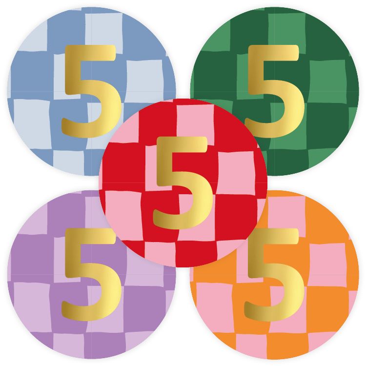KP® Stickers D40mm - Traktatiesticker Hoera 5 Jaar handdraw grid 10 stks
