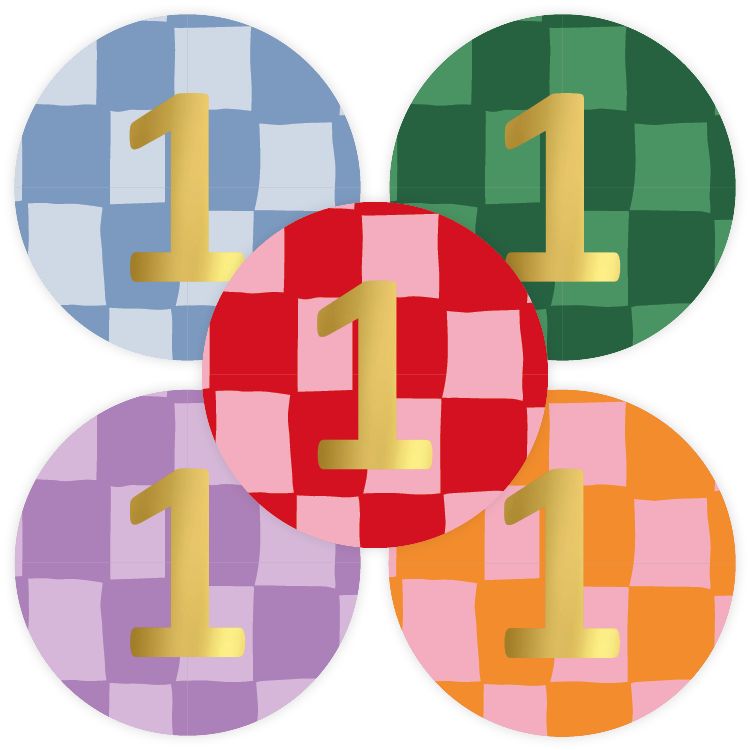 KP® Stickers D40mm - Traktatiesticker Hoera 1 Jaar handdraw grid 10 stks