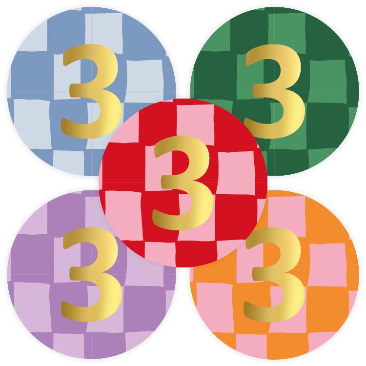 KP® Stickers D40mm - Traktatiesticker Hoera 3 Jaar handdraw grid 10 stks
