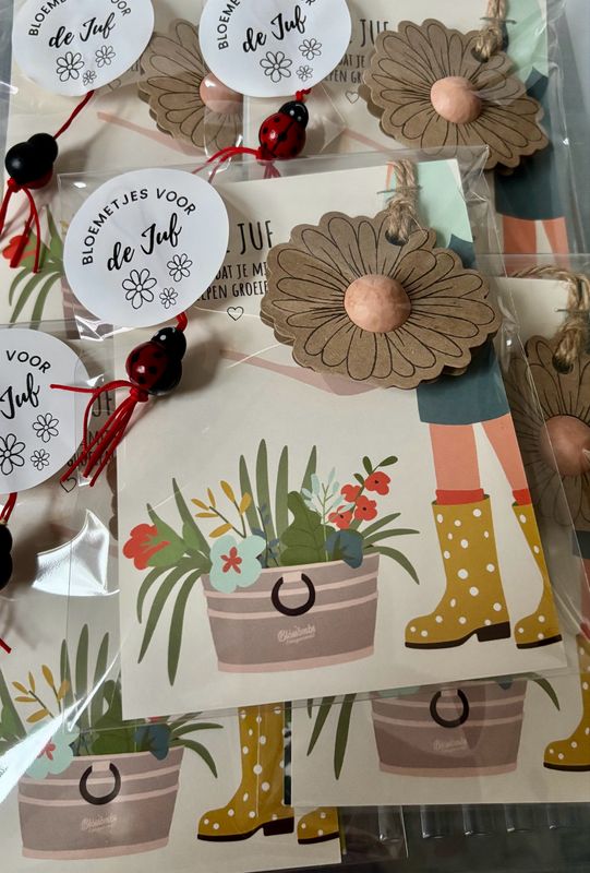 Blossombs KAART "LIEVE JUF" MET BLOEMHANGER EN BLOEMBOMMETJE