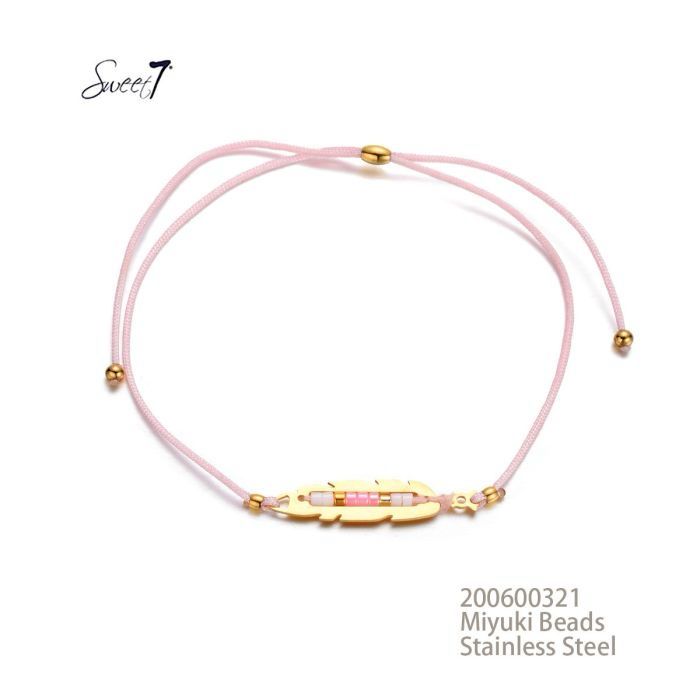 Sweet 7 Armbandje Veer Tussenstuk Roze Verstbaar Miyuki Beads Stainless Steel