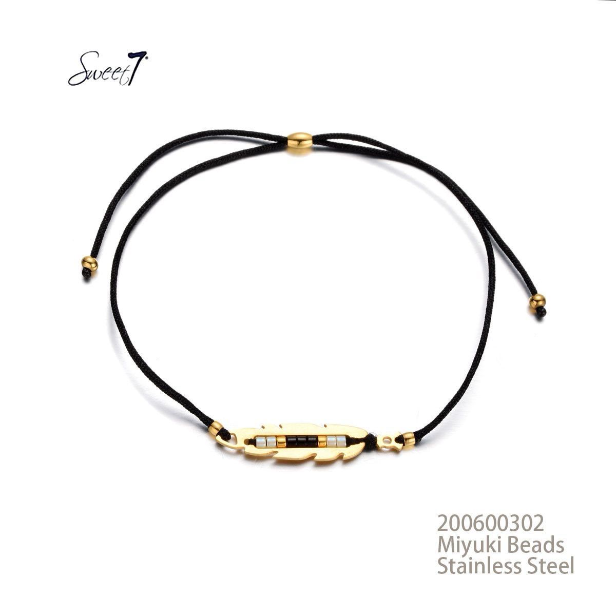 Sweet 7 Armbandje Veer Tussenstuk Zwart Verstbaar Miyuki Beads Stainless Steel