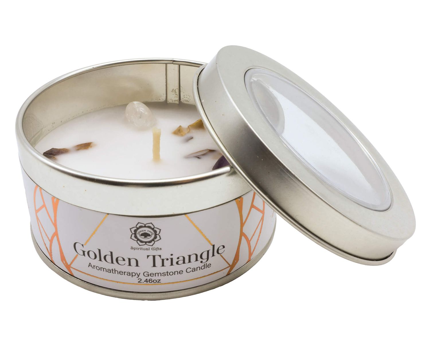 Green Tree Kaars In Blikje 'Golden Triangle' Amethist, Bergkristal en Rozenkwarts +Lotus 70g Green Tree Kaars In Blikje 'Golden Triangle' Amethist, Bergkristal en Rozenkwarts +Lotus 70g