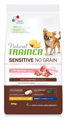 Natural trainer adult sensitive no grain Mini con maiale e patate 1-10kg 800gr