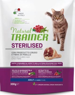 Natural trainer gatto adulto sterilizzato prosciutto crudo e fibra di pisello 300gr