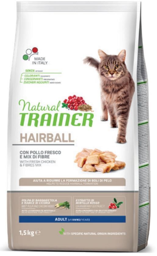 Natural trainer gatto adulto pollo fresco e mix di fibre HAIRBALL 1,5kg