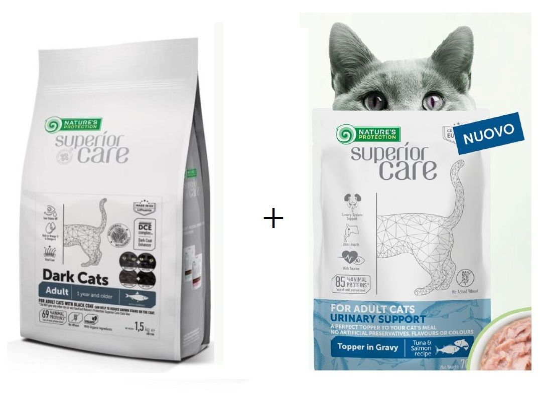 Natures protection Superior Care Dark Cats 1,5kg Aringa per gatti neri + Umido funzionale 70gr OMAGGIO