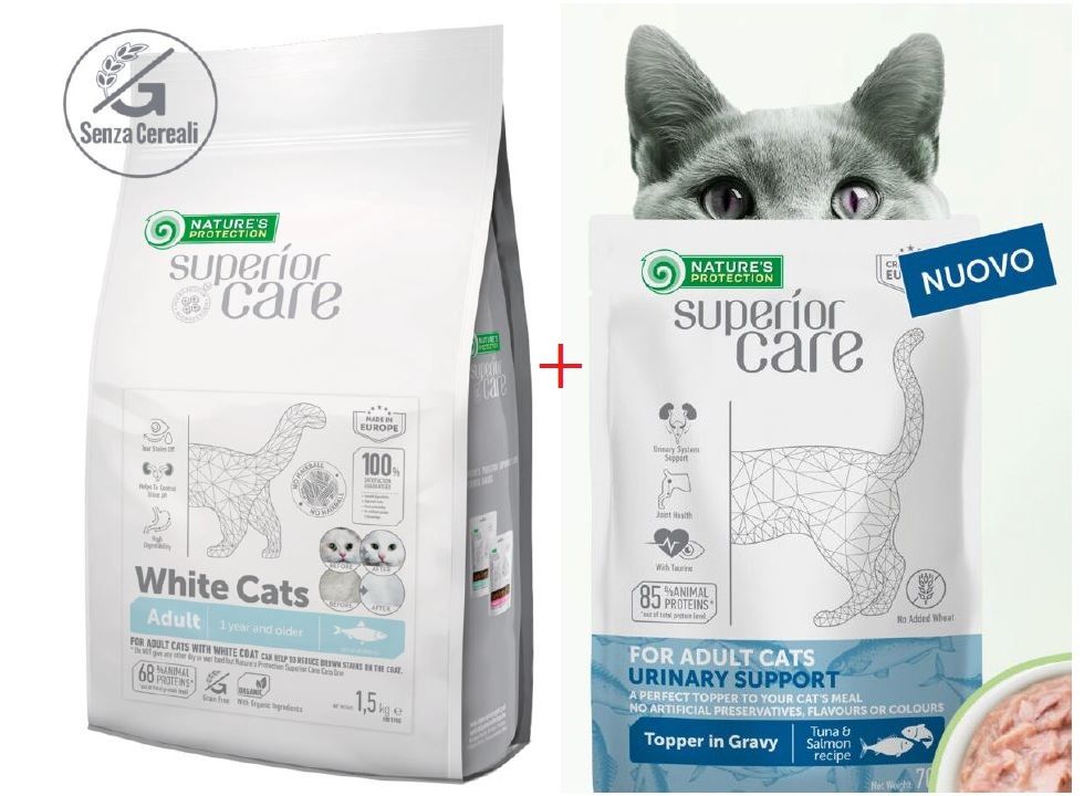 Natures protection Superior Care White Cats 1,5kg Aringa per gatti bianchi  + Umido funzionale OMAGGIO 70gr