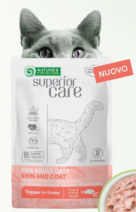 Superior care umido funzionale gatto tonno e salmone Skin e coat tonno e gamberetti 70gr