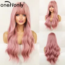 Long Pink Wig with Bangs Natural Wave Heat Resistant Wavy Hair Synthetic Wigs for Women