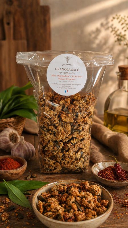 GRANOLA SALE MIEL-PAPRIKA FUME-AIL DES OURS-PIMENT D'ESPELETTE