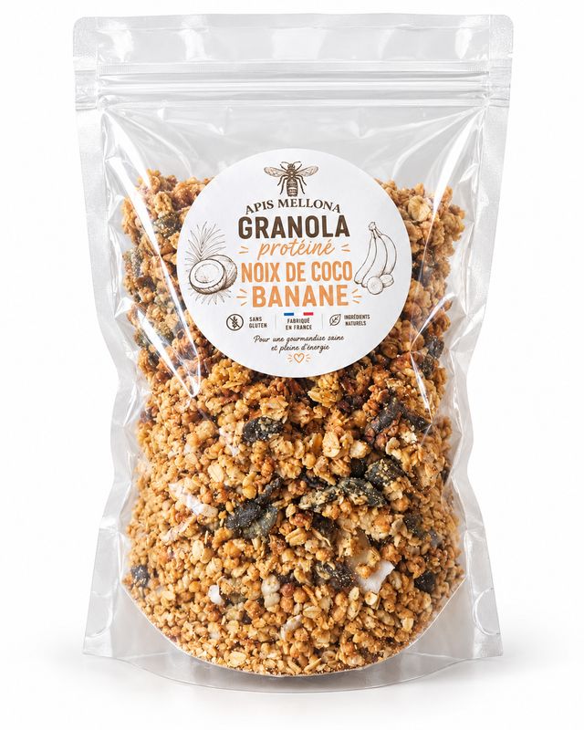 Granola protéiné banane-coco 100% végétal - sans gluten Granola protéiné banane-coco 100% végétal - sans gluten