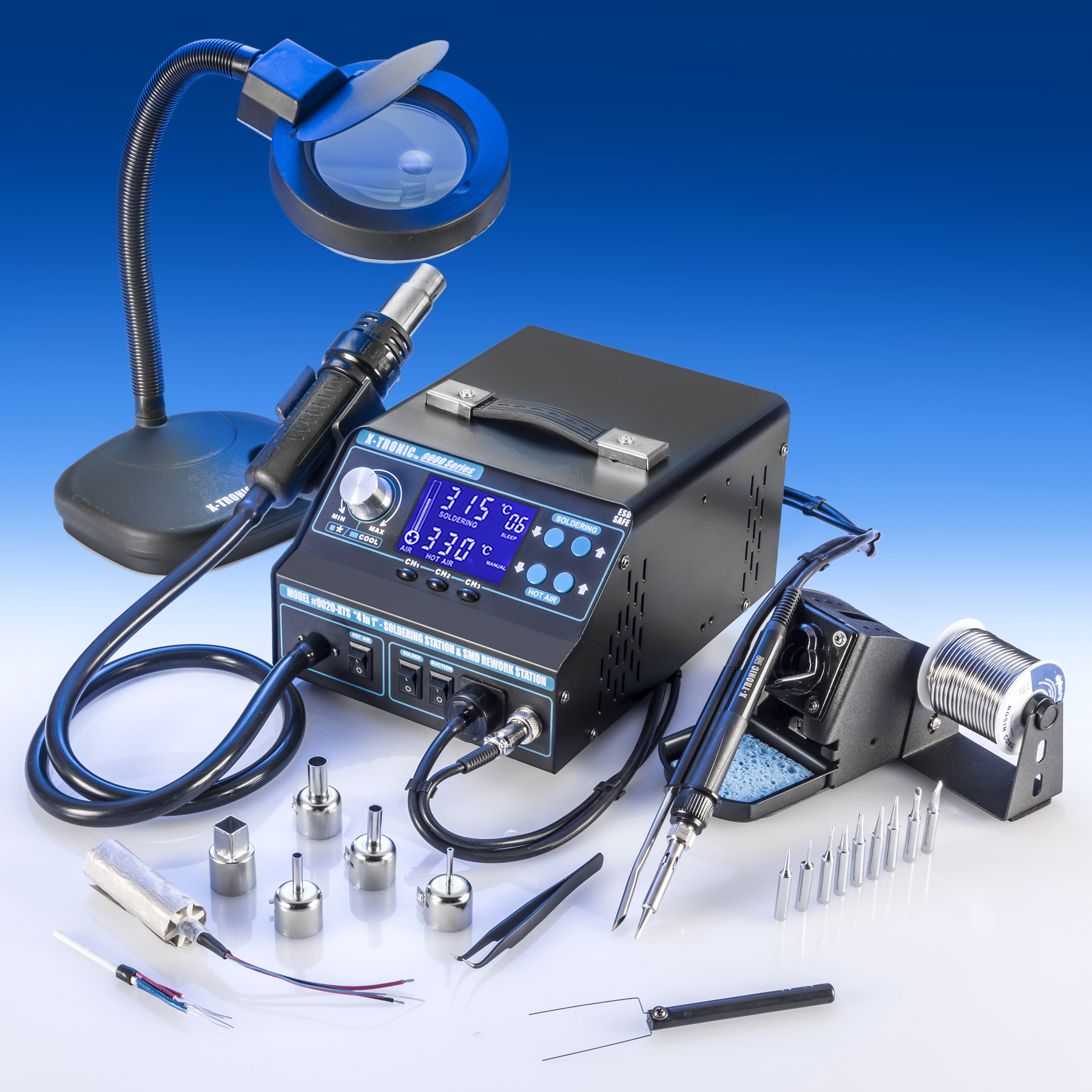 X-TRONIC 9020-XTS HOT AIR REWORK SOLDERING IRON STATION, FUME EXTRACTOR &amp; VACUUM PICKUP TOOL