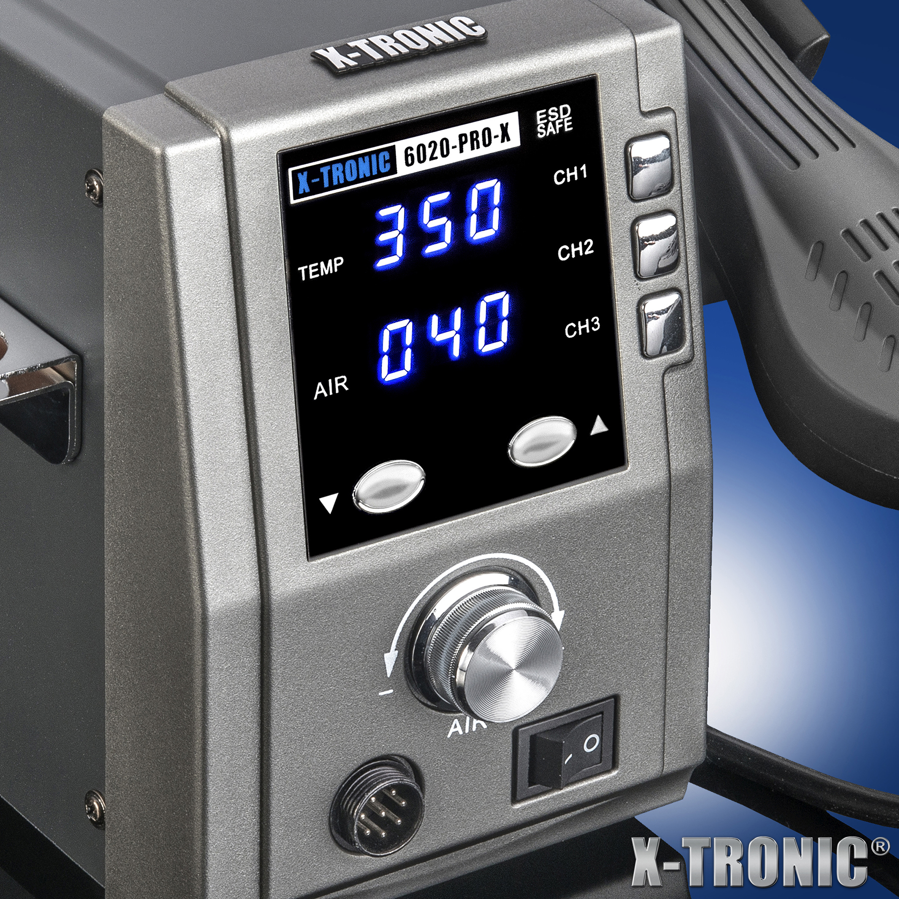 X-Tronic 6020-PRO-X • Platinum Series • 750 Watt • Hot Air Rework Station • 3 Temp Presets, Temp Calibration Func, C/F Func, Auto Cool Down/Standby Mode, Mute/Unmute Sound & Patented Nozzle Holder! X-Tronic 6020-PRO-X • Platinum Series • 750 Watt • Hot Air Rework Station • 3 Temp Presets, Temp Calibration Func, C/F Func, Auto Cool Down/Standby Mode, Mute/Unmute Sound & Patented Nozzle Holder!