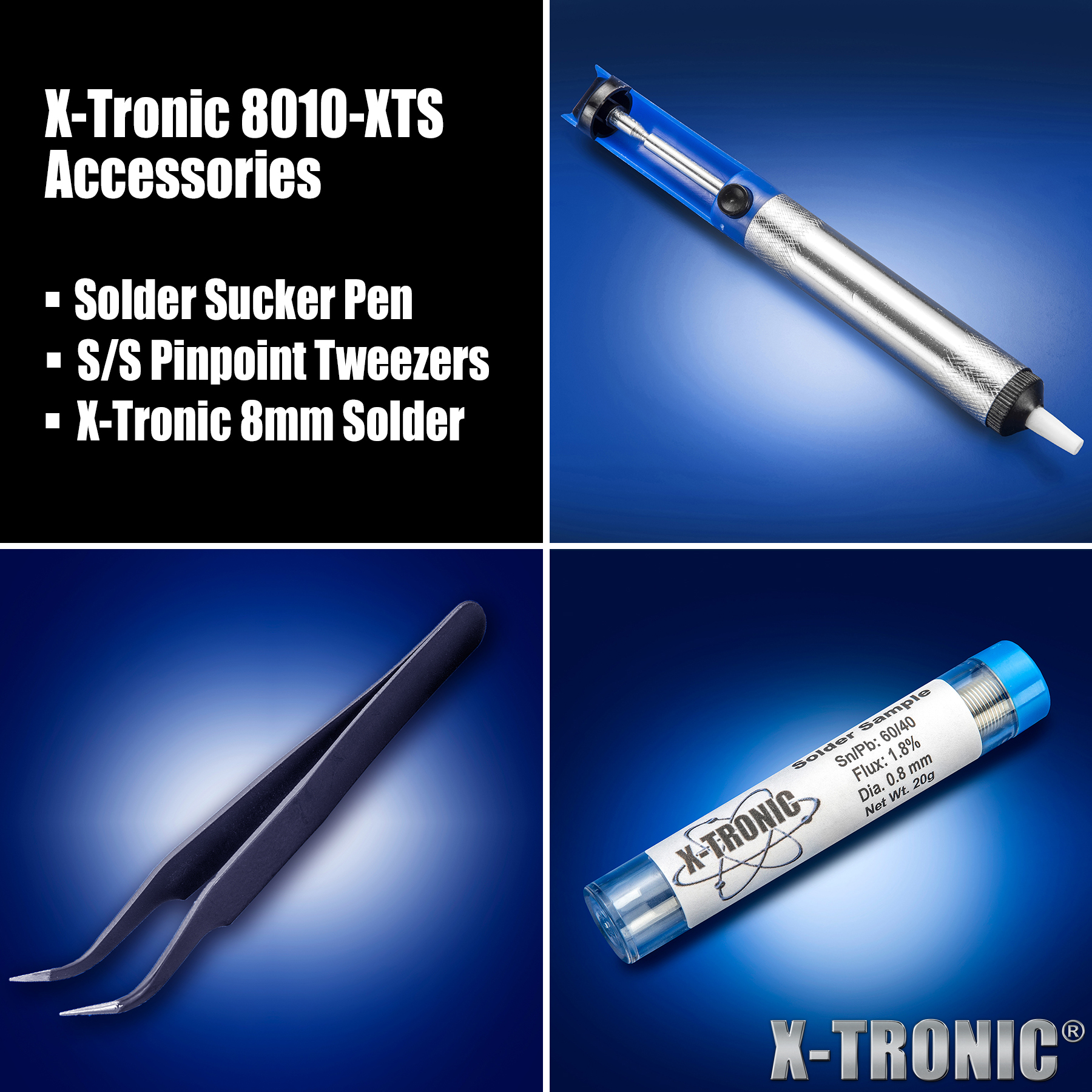 X-Tronic 8010-XTS - Dual Soldering Iron Station: ESD Safe, 6 Temp Presets, Auto Shut Down &amp; Sleep Function, 5 Extra Soldering Tips, Solder Sucker, Tweezers, Tube of Solder, Brass Tip Cleaner &amp; Flux