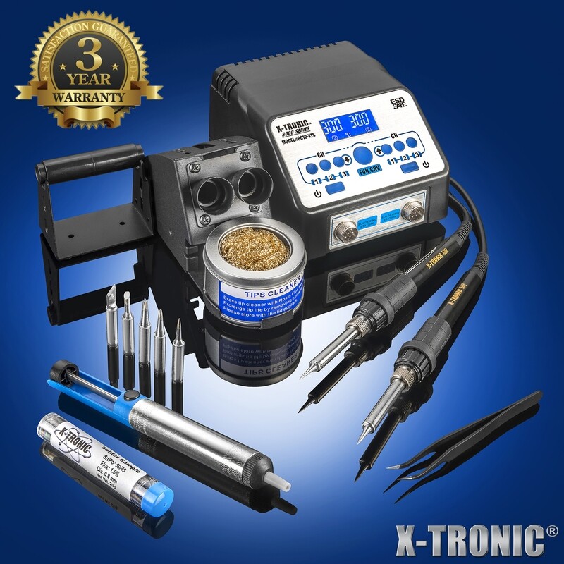 X-Tronic 8010-XTS - Dual Soldering Iron Station: ESD Safe, 6 Temp Presets, Auto Shut Down &amp; Sleep Function, 5 Extra Soldering Tips, Solder Sucker, Tweezers, Tube of Solder, Brass Tip Cleaner &amp; Flux