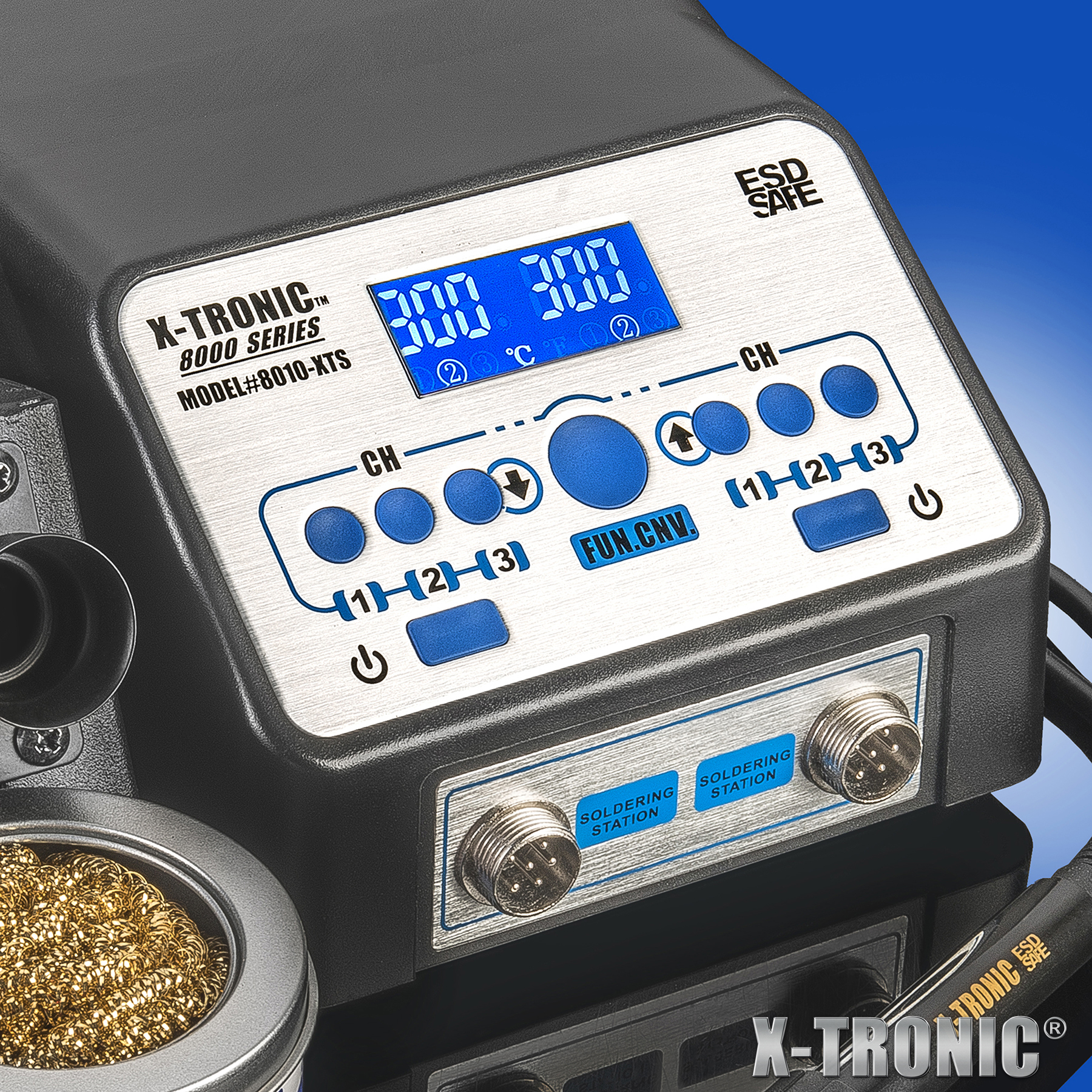 X-Tronic 8010-XTS - Dual Soldering Iron Station: ESD Safe, 6 Temp Presets, Auto Shut Down &amp; Sleep Function, 5 Extra Soldering Tips, Solder Sucker, Tweezers, Tube of Solder, Brass Tip Cleaner &amp; Flux