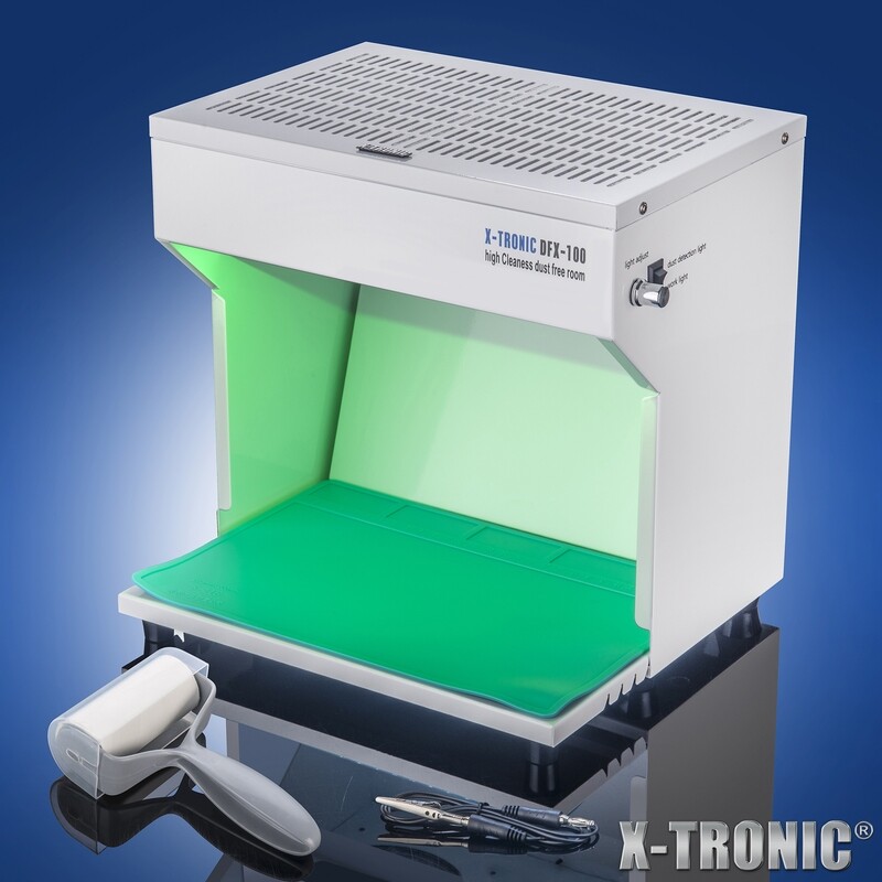 X-Tronic Model #DFX-100 • 20 Watt Compact Dust Free Room • Adjustable Fan Speed • Adjustable Dust Detection and Work Light • Work Table w/ Silicone Work Mat • Antistatic Alligator Clip • Lint Roller