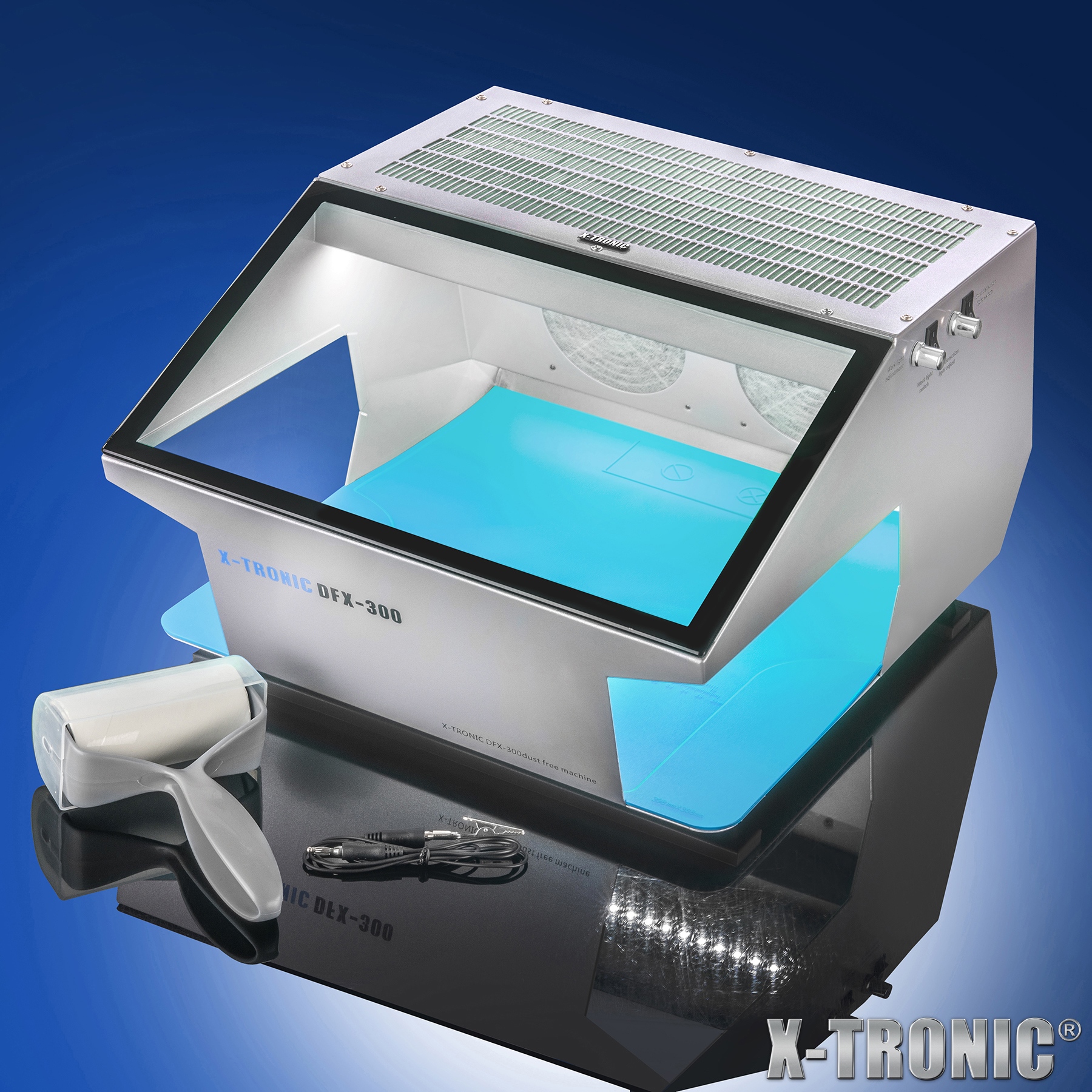 X-Tronic Model #DFX-300 • 40 Watt Professional Dust Free Room • Adjustable Fan & Exhaust Speed • Adjustable Dust Detection & Work Light • Silicone Work Mat • Antistatic Alligator Clip • Lint Roller X-Tronic Model #DFX-300 • 40 Watt Professional Dust Free Room • Adjustable Fan & Exhaust Speed • Adjustable Dust Detection & Work Light • Silicone Work Mat • Antistatic Alligator Clip • Lint Roller