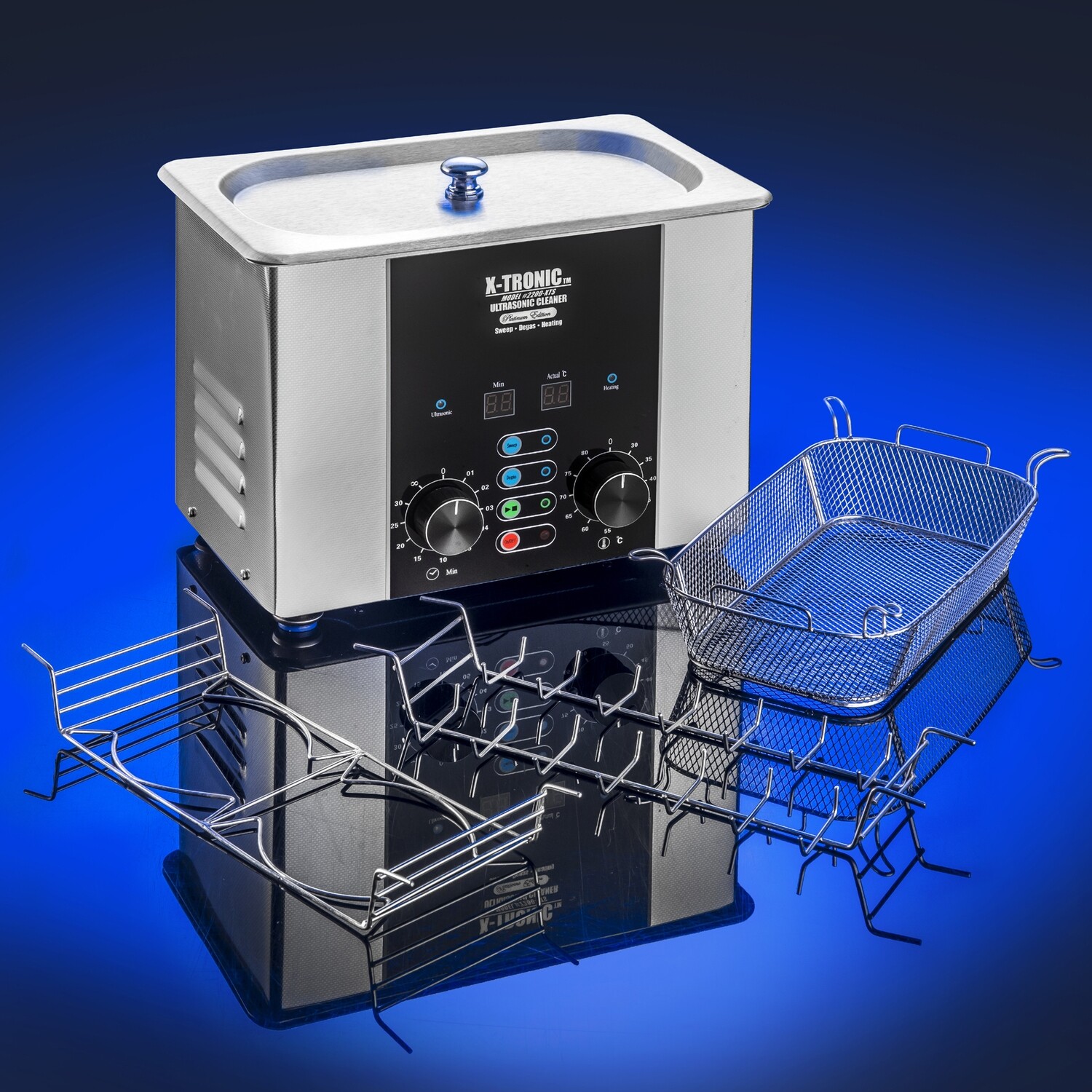 X-Tronic Model #2200-XTS 2.2 Liter &quot;Platinum Edition&quot; Commercial Ultrasonic Cleaner with Time/Temp LED Displays, Sweep &amp; Degas Controls, S/S Cleaning Basket, Wire Rack Holder &amp; Wire Beaker Holder