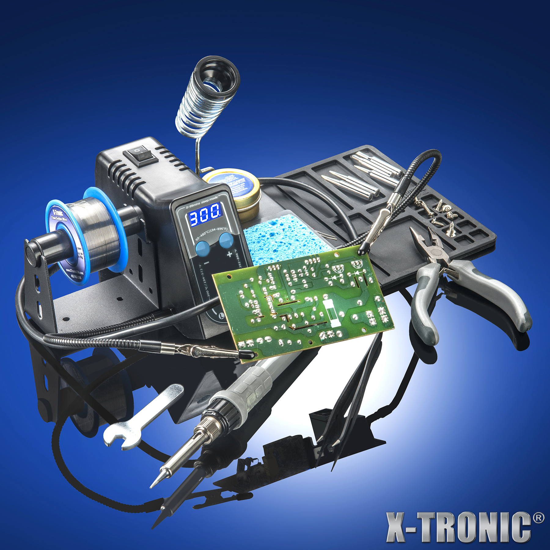 X-Tronic 3020-PRO 75 Watt Dual Temp Range Soldering Iron Station • 2 Helping Hands • 5 Extra Tips • 50g Roll of Solder • Brass Sponge Cleaner &amp; Flux • Solder Sucker • S/S Tweezers &amp; Great Features!
