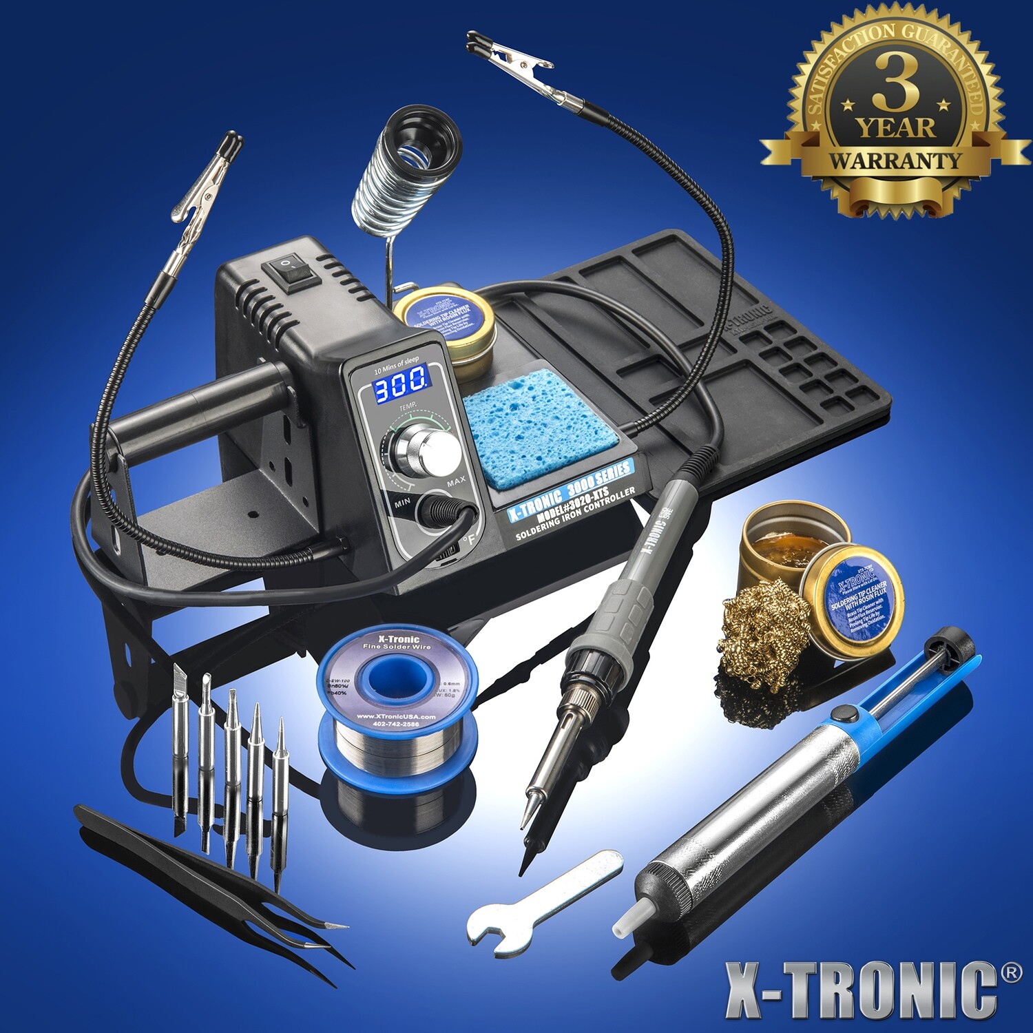 X-Tronic - 3020-XTS Soldering Station with 5 Extra Tips, Roll of Solder, Solder Sucker, Tweezers &amp; More