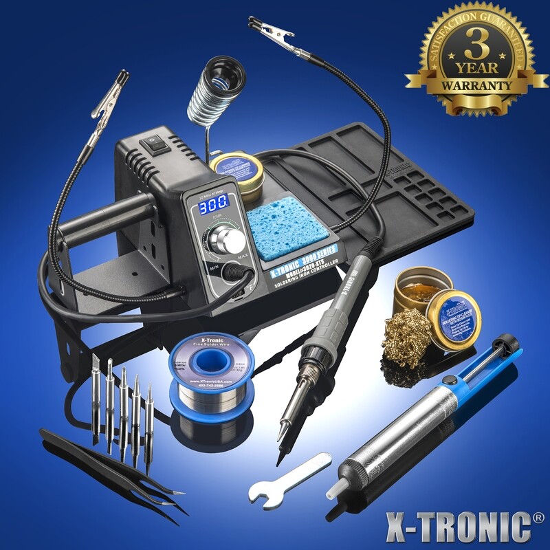 X-Tronic - 3020-XTS Soldering Station with 5 Extra Tips, Roll of Solder, Solder Sucker, Tweezers &amp; More