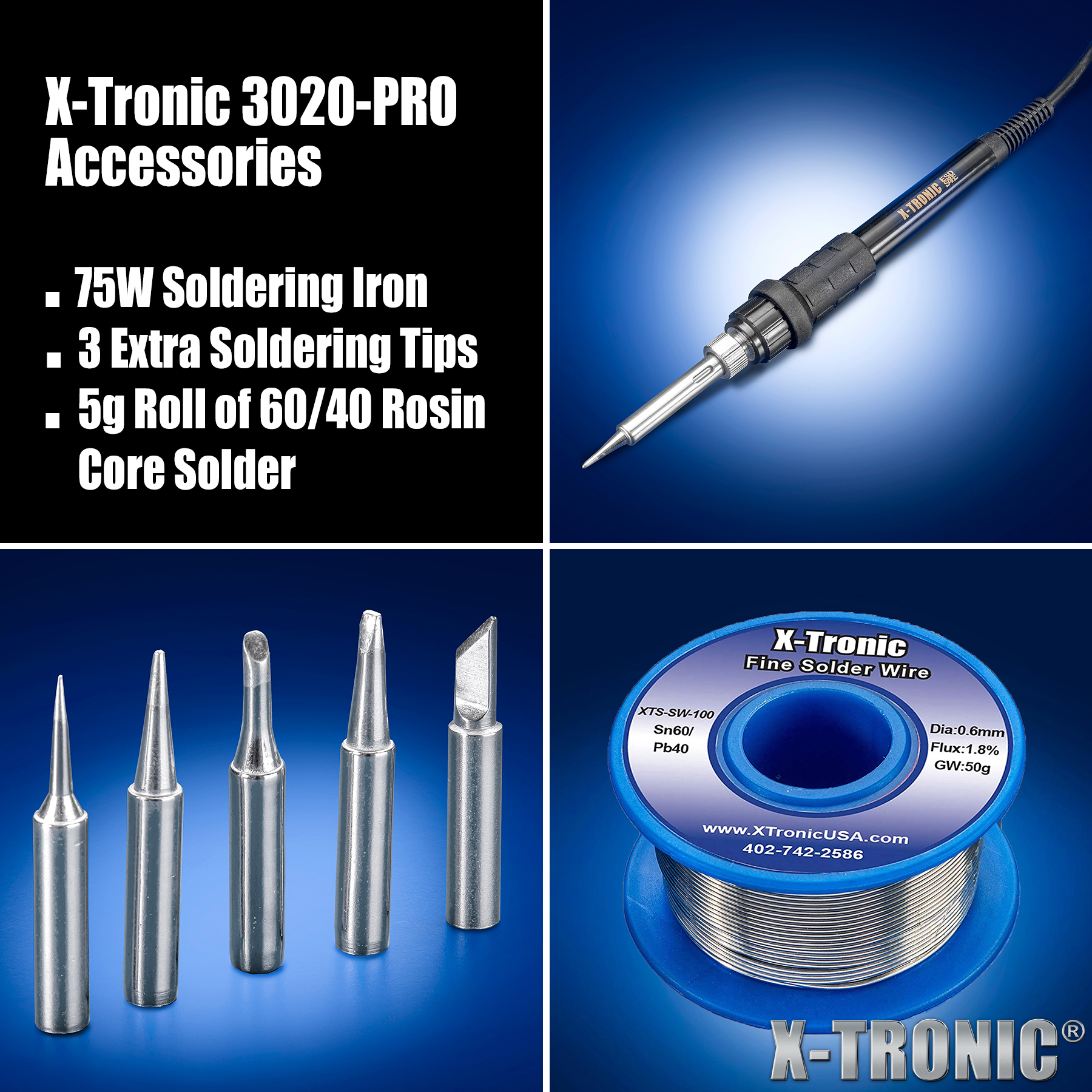 X-Tronic - 3020-XTS Soldering Station with 5 Extra Tips, Roll of Solder, Solder Sucker, Tweezers & More X-Tronic - 3020-XTS Soldering Station with 5 Extra Tips, Roll of Solder, Solder Sucker, Tweezers & More