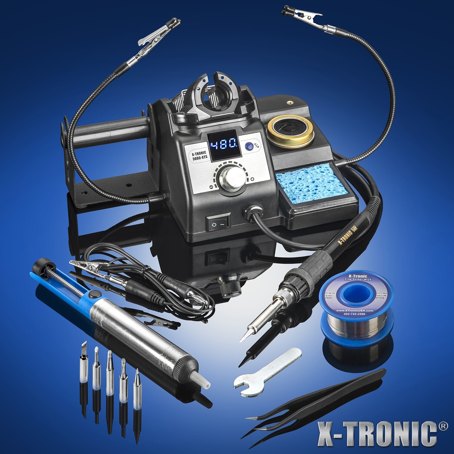 X-Tronic 3060-XTS 75 Watt Soldering Iron Station Kit • 2 Helping Hands • 5 Extra Tips • 50g Roll of Solder • Brass Sponge Cleaner &amp; Flux • Solder Sucker • S/S Tweezers &amp; Great Features!
