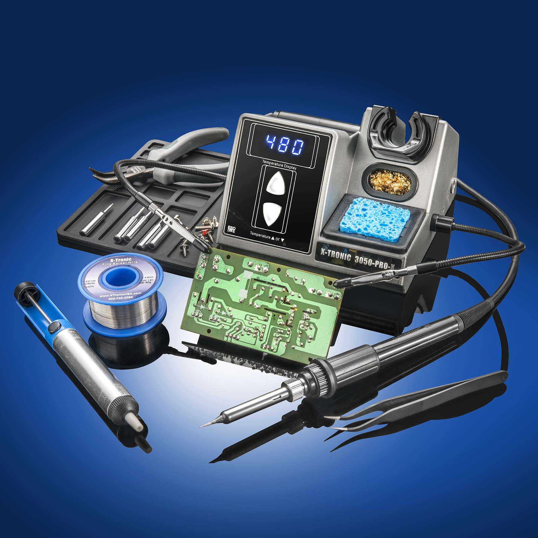 X-Tronic Model 3050-PRO-X Digital LED Soldering Iron Station with 2 Convenient Helping Hands, 1-30 Minute Sleep Function, C/F Programmable, Solder Roll Holder, Brass Tip Cleaner, & Wet Sponge X-Tronic Model 3050-PRO-X Digital LED Soldering Iron Station with 2 Convenient Helping Hands, 1-30 Minute Sleep Function, C/F Programmable, Solder Roll Holder, Brass Tip Cleaner, & Wet Sponge
