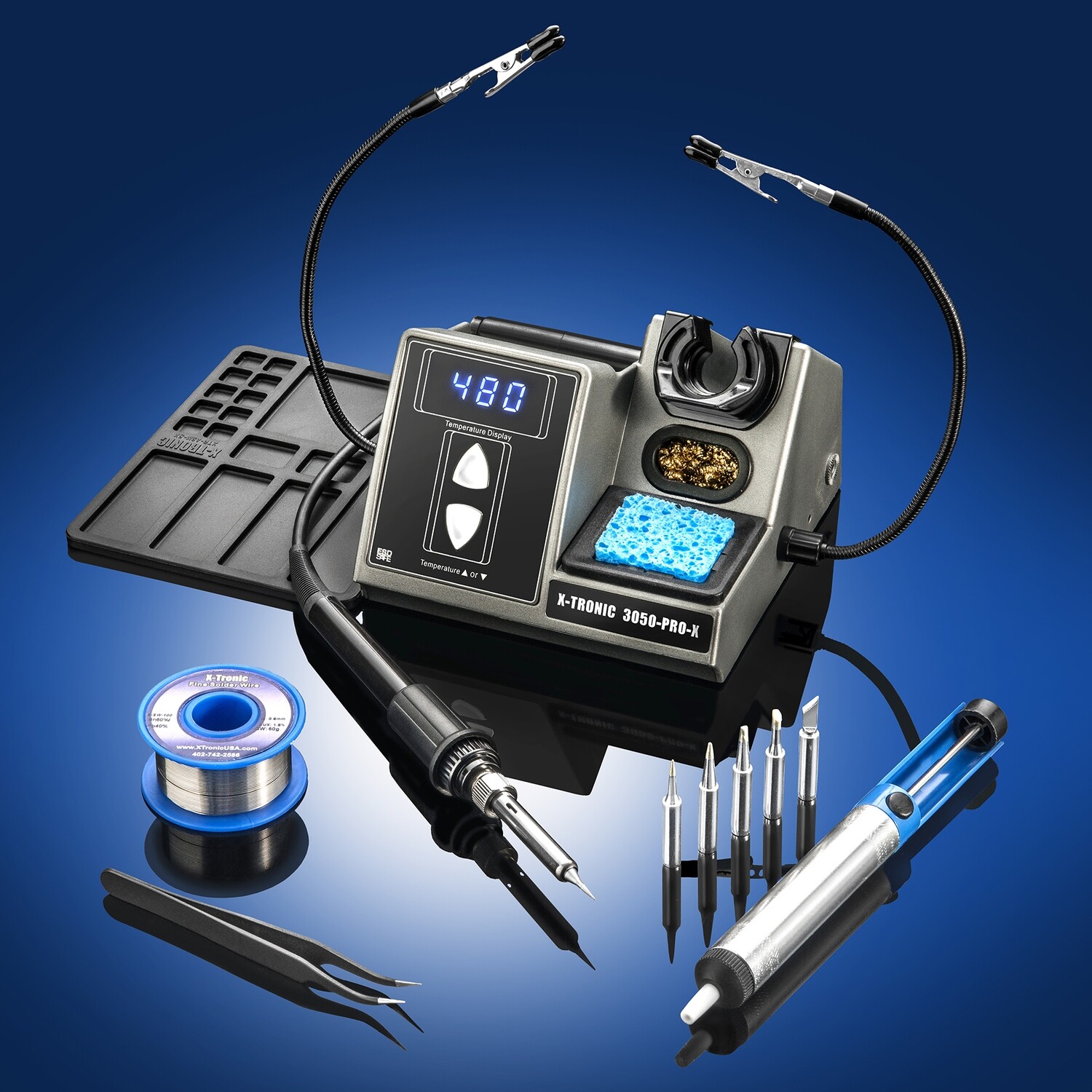 X-Tronic Model 3050-PRO-X Digital LED Soldering Iron Station with 2 Convenient Helping Hands, 1-30 Minute Sleep Function, C/F Programmable, Solder Roll Holder, Brass Tip Cleaner, &amp; Wet Sponge