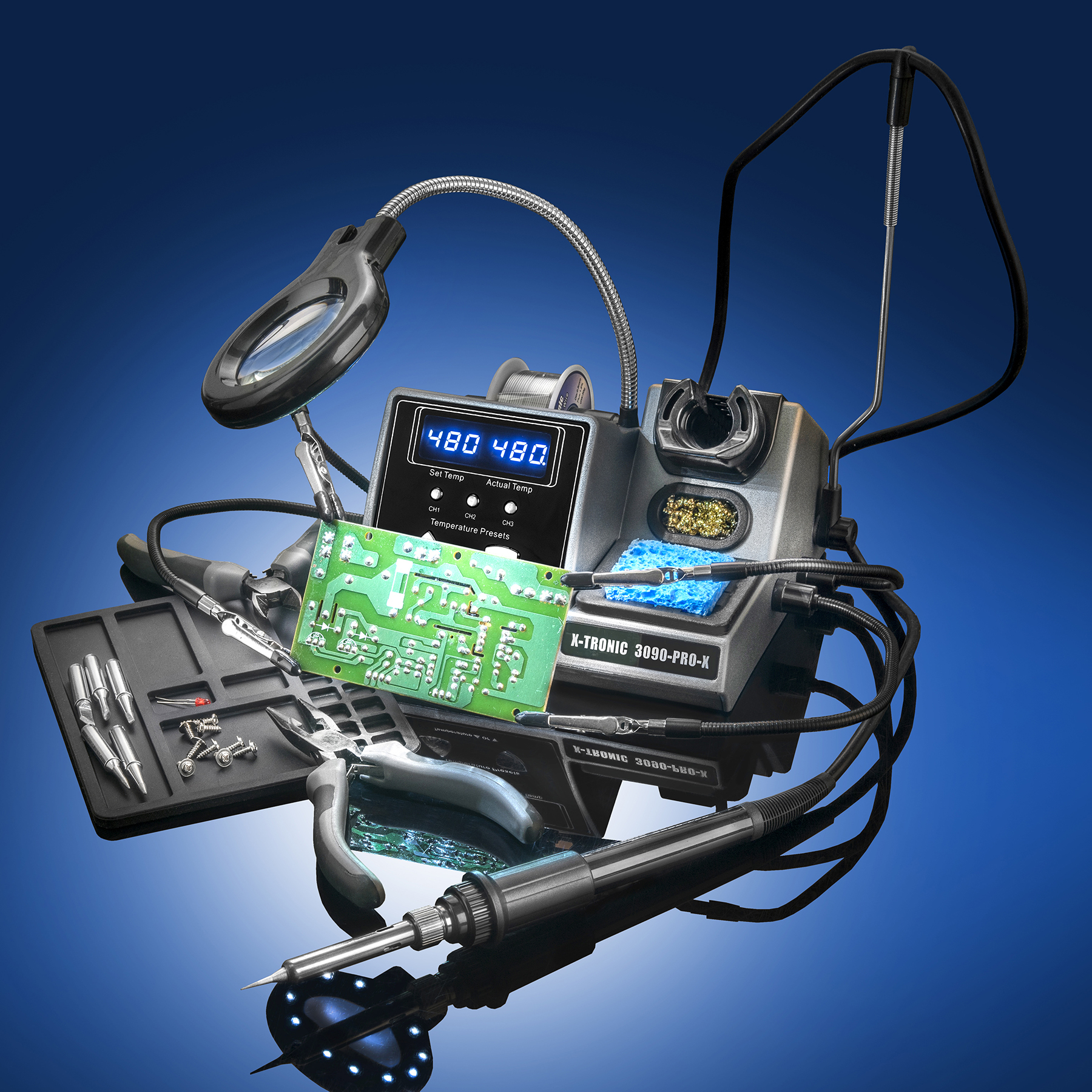 X-Tronic 3090-PRO-X – 75 W Soldering Iron Station – 5 Extra Tips, 2 LED Displays, Sleep Func, C/F, 3 Temp Presets, Mini Mag Lamp, 4 Helping Hands, Solder Sucker, Tweezers, Solder, Brass &amp; Wet Sponges