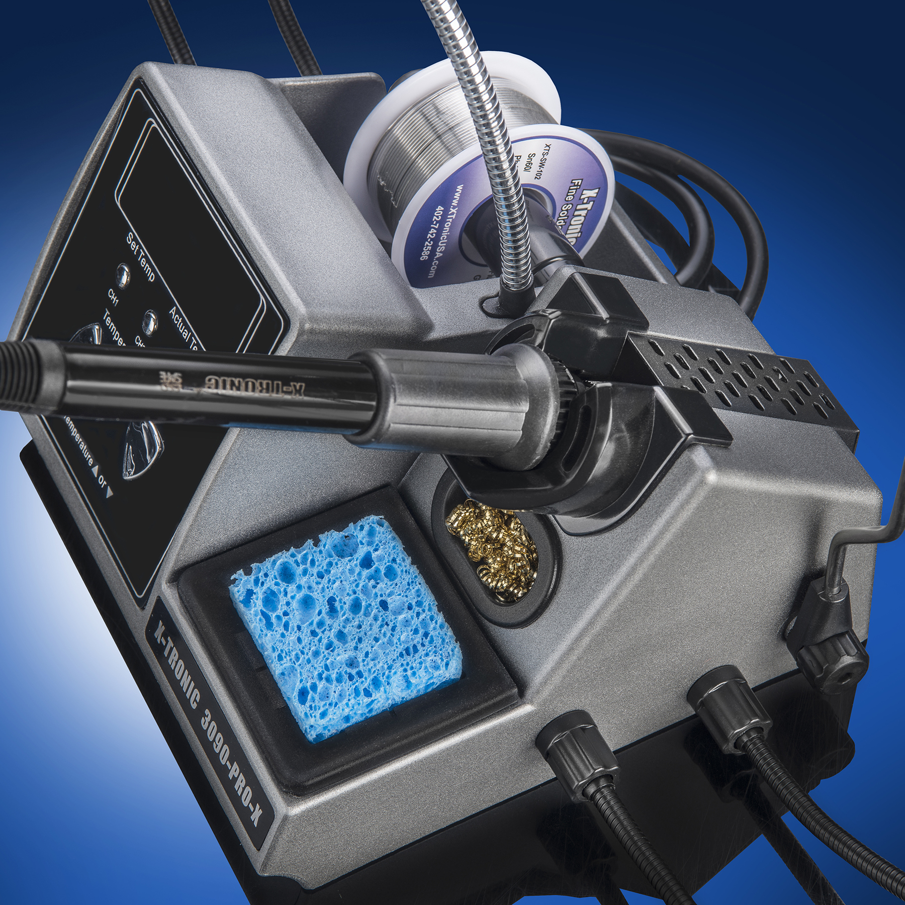 X-Tronic 3090-PRO-X – 75 W Soldering Iron Station – 5 Extra Tips, 2 LED Displays, Sleep Func, C/F, 3 Temp Presets, Mini Mag Lamp, 4 Helping Hands, Solder Sucker, Tweezers, Solder, Brass &amp; Wet Sponges