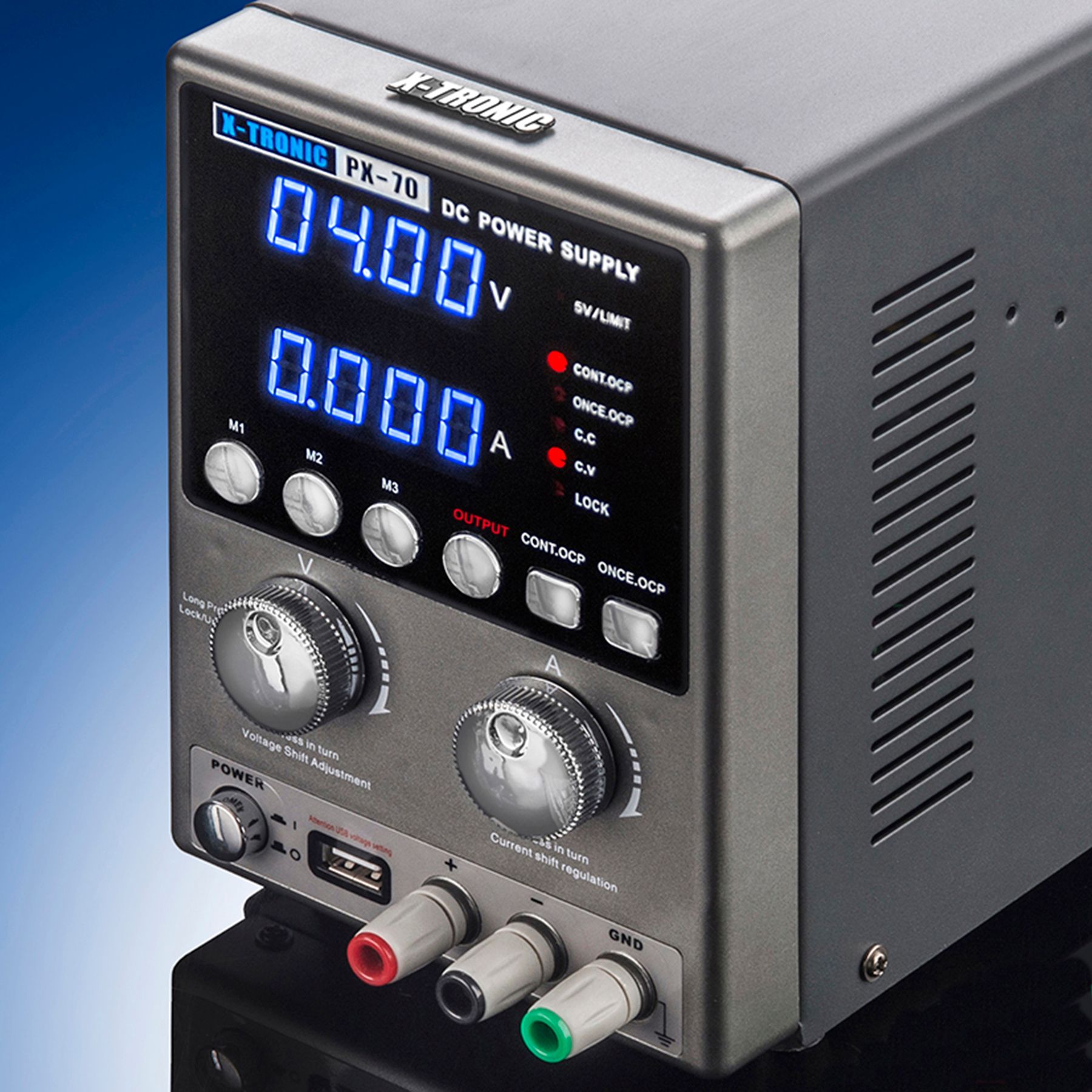 X-Tronic PX-70 Linear Variable Bench DC Power Supply • Memory Recall, Lock/Unlock Func • 5 Protection Modes • Adjustable USB Output • Precise Rotary Encoder Adjustments • 3 Sets of Dependable Leads X-Tronic PX-70 Linear Variable Bench DC Power Supply • Memory Recall, Lock/Unlock Func • 5 Protection Modes • Adjustable USB Output • Precise Rotary Encoder Adjustments • 3 Sets of Dependable Leads