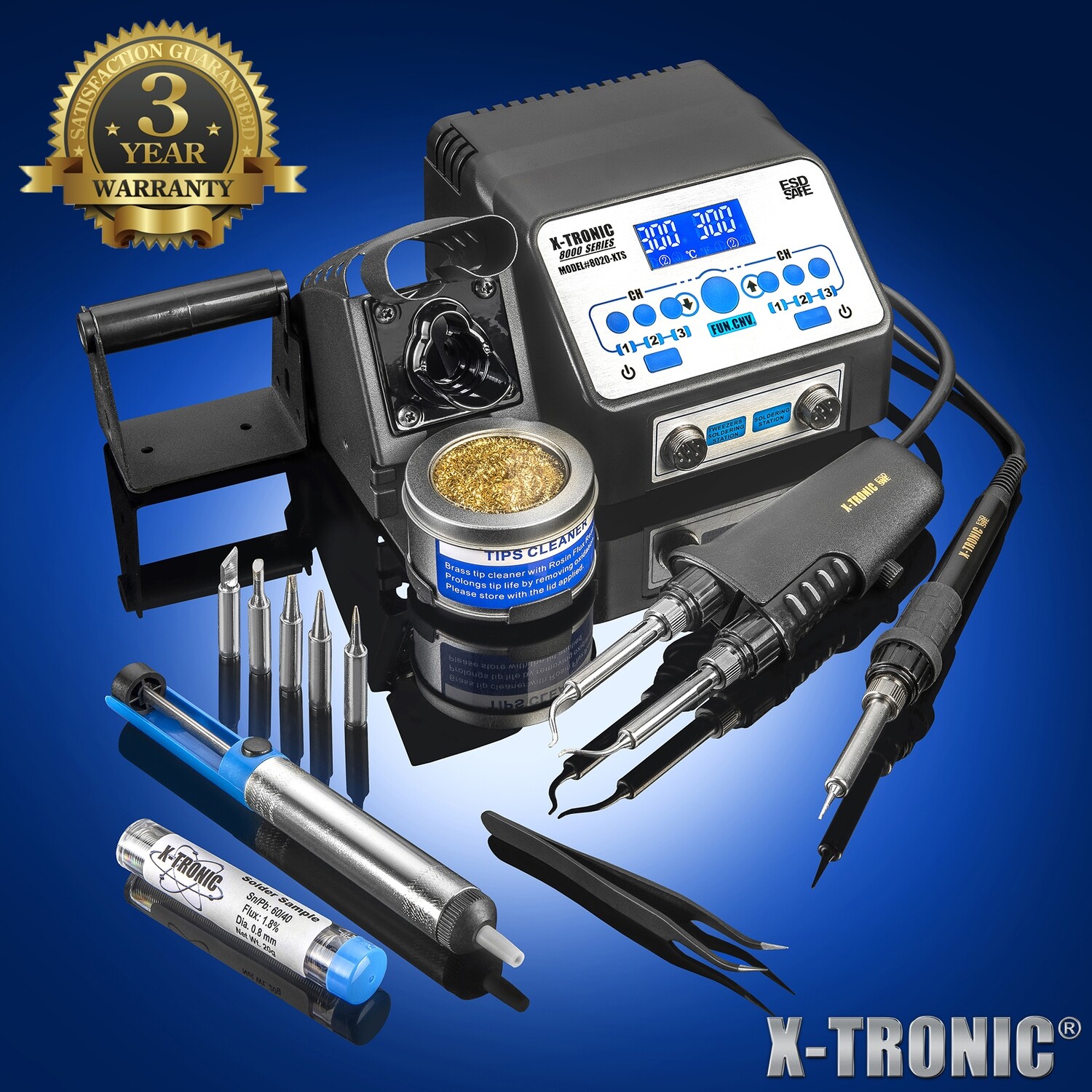 X-Tronic 8020-XTS 2-in-1 Soldering Iron &amp; Hot Tweezers Station Complete Kit: ESD Safe , 5 Extra Soldering Tips, Brass Tip Cleaner &amp; Flux