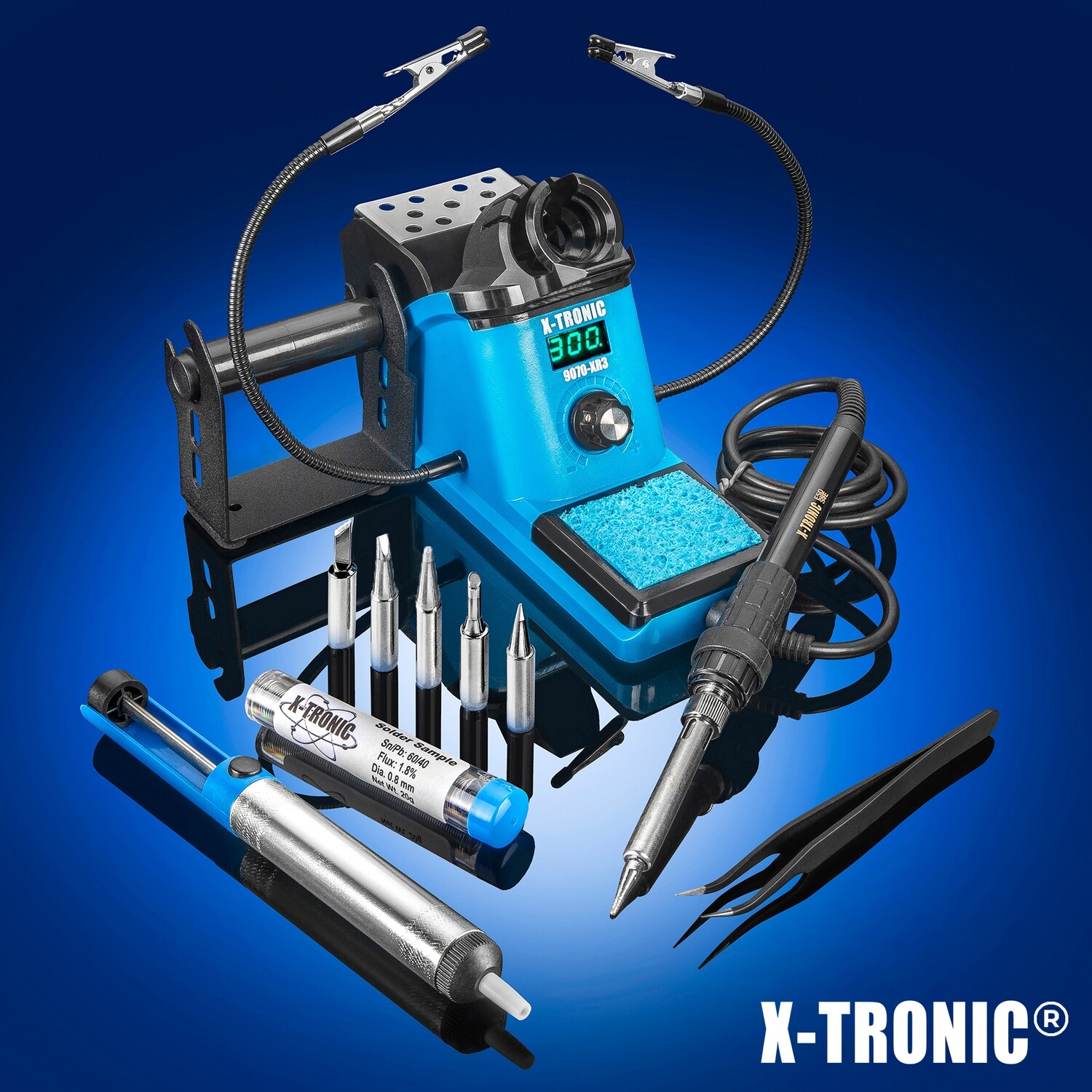 X-Tronic 9070-XR3 - 90 Watt - "Fine to Medium Gauge Wire” LED Display Soldering Iron Station with Sleep, °C/°F &amp; Calibration Function - 5 Extra Solder Tips, Solder Sucker, Tweezers and Tube of Solder