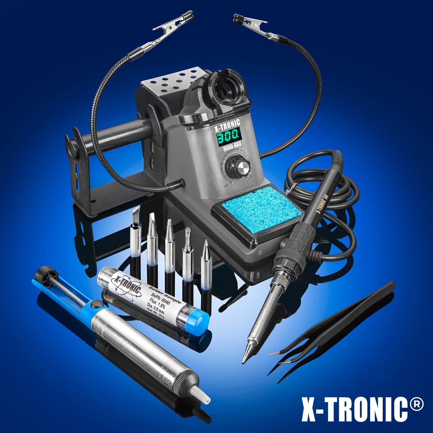 X-Tronic 9080-XR3 - 110 Watt - "Fine to Medium Gauge Wire” LED Display Soldering Iron Station with Sleep, °C/°F &amp; Calibration Function - 5 Extra Solder Tips, Solder Sucker, Tweezers and Tube of Solder