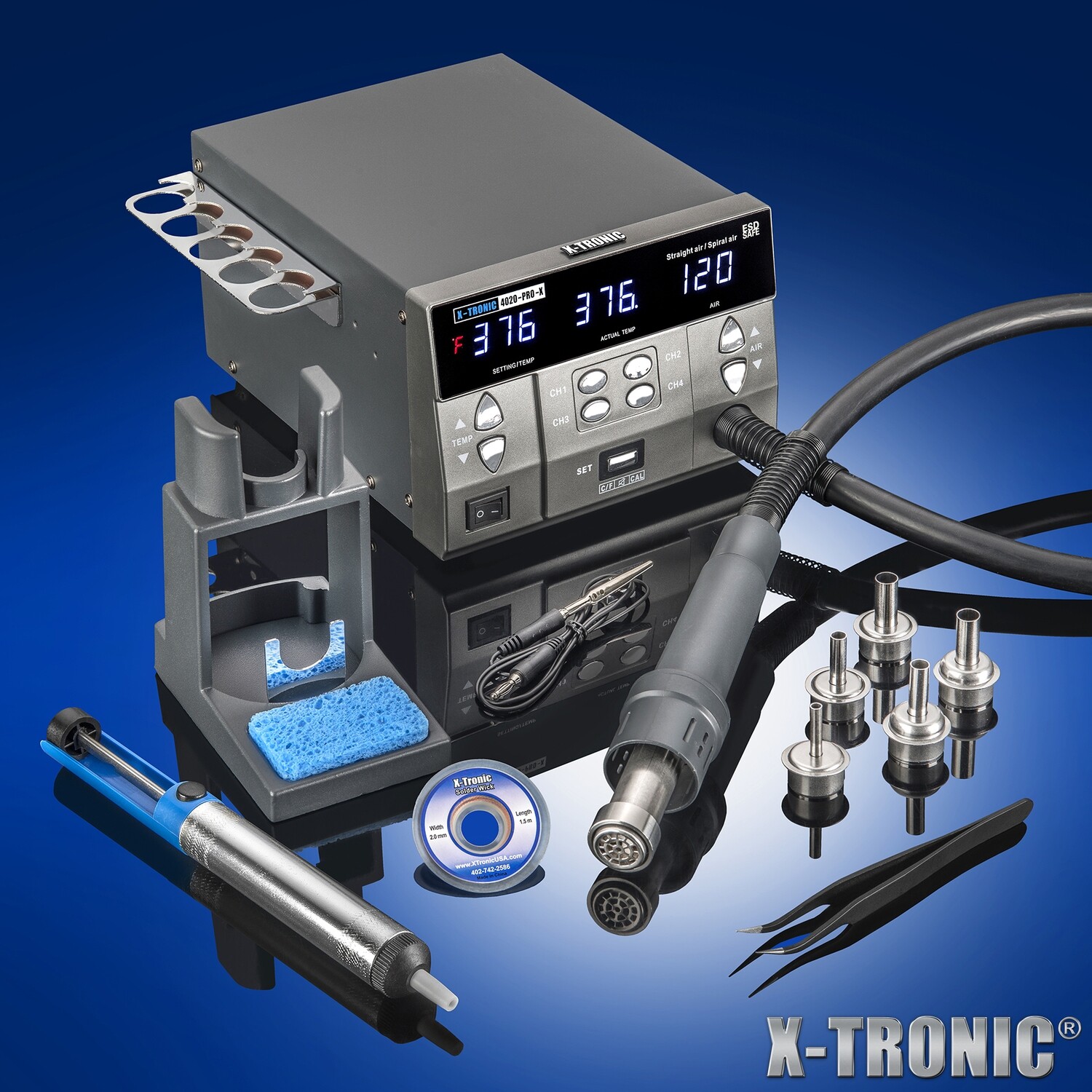 X-Tronic 4020-PRO-X • Platinum Series • 1000 Watt • Hot Air Digital Rework Station with Patented Nozzle Holder • 4 Temp Presets, Temp Calibration, C/F, Auto Cool Down &amp; Mute/Unmute Sound Features!