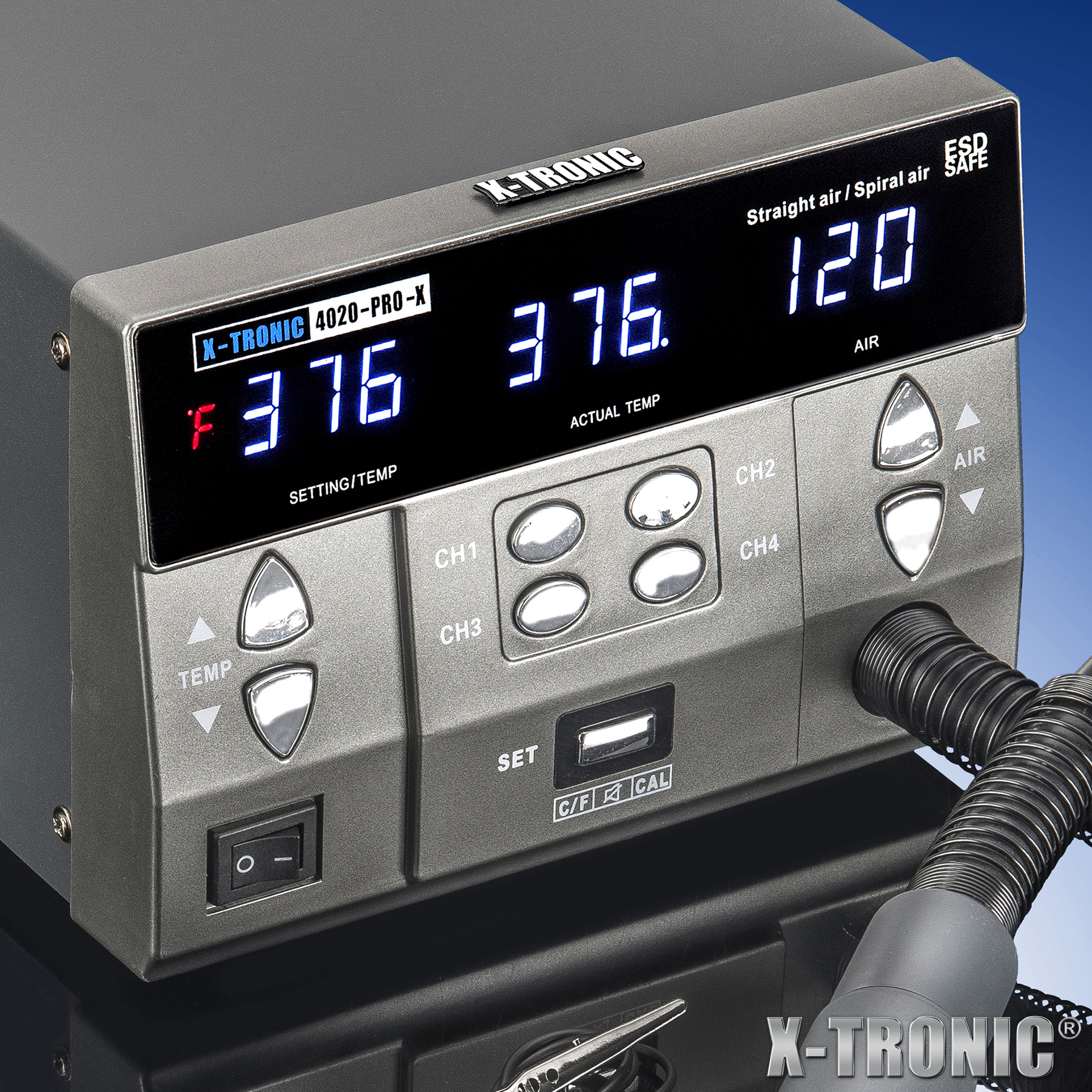 X-Tronic 4020-PRO-X • Platinum Series • 1000 Watt • Hot Air Digital Rework Station with Patented Nozzle Holder • 4 Temp Presets, Temp Calibration, C/F, Auto Cool Down & Mute/Unmute Sound Features! X-Tronic 4020-PRO-X • Platinum Series • 1000 Watt • Hot Air Digital Rework Station with Patented Nozzle Holder • 4 Temp Presets, Temp Calibration, C/F, Auto Cool Down & Mute/Unmute Sound Features!