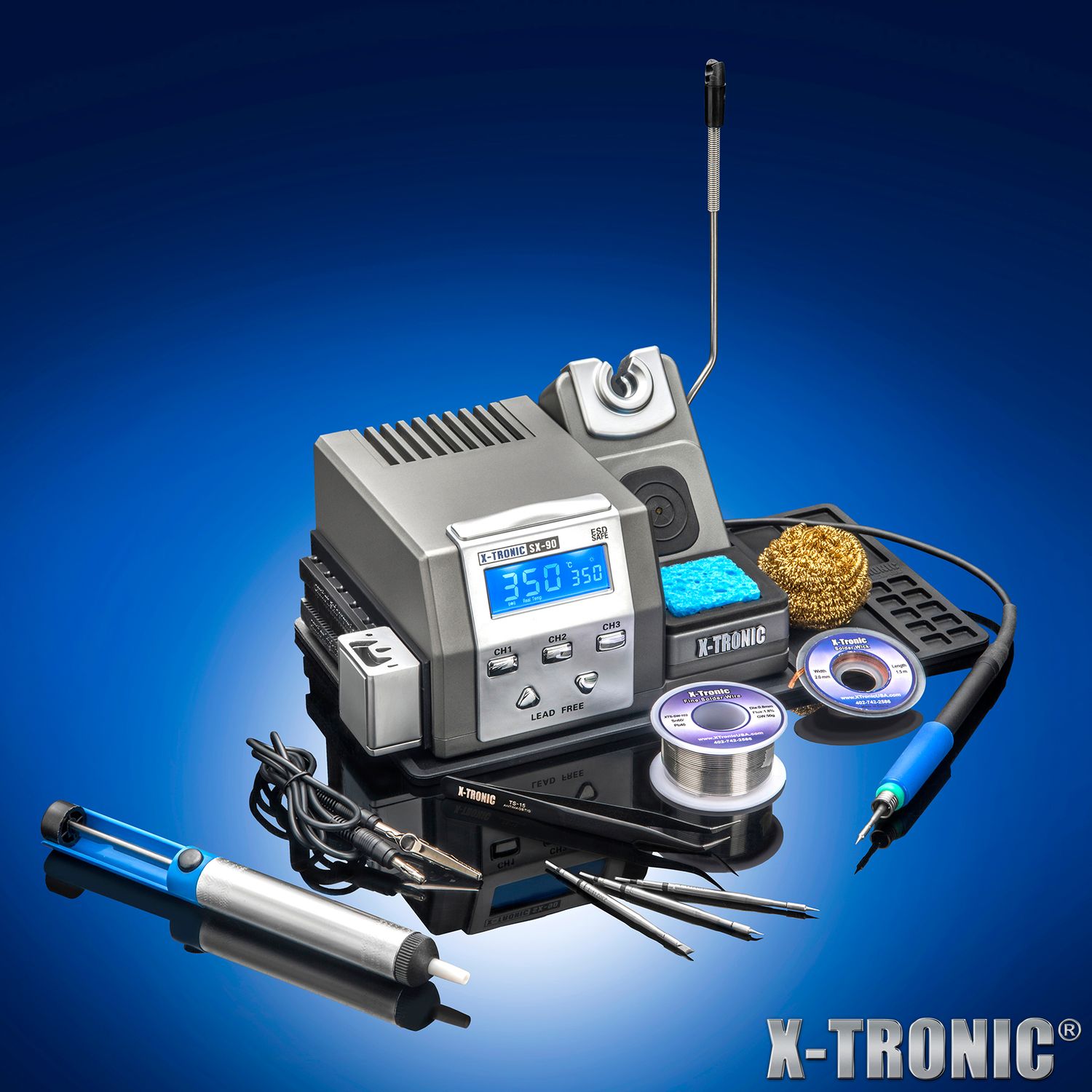 X-Tronic SX-90 • Platinum Series • 85W Precision Micro Soldering Iron Station • Lead Free • 3 Temp Presets • Temp in 4 Seconds • Calibration, Hibernation, &amp; C°/F° Functions &amp; 72 °C Temp "Kicker Bar"!