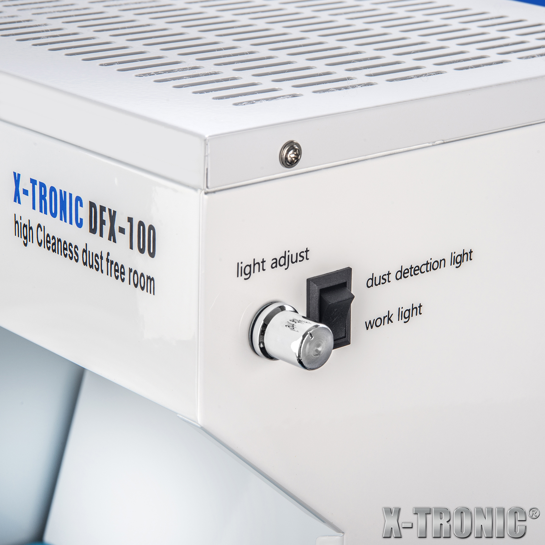 X-Tronic Model #DFX-100 • 20 Watt Compact Dust Free Room • Adjustable Fan Speed • Adjustable Dust Detection and Work Light • Work Table w/ Silicone Work Mat • Antistatic Alligator Clip • Lint Roller