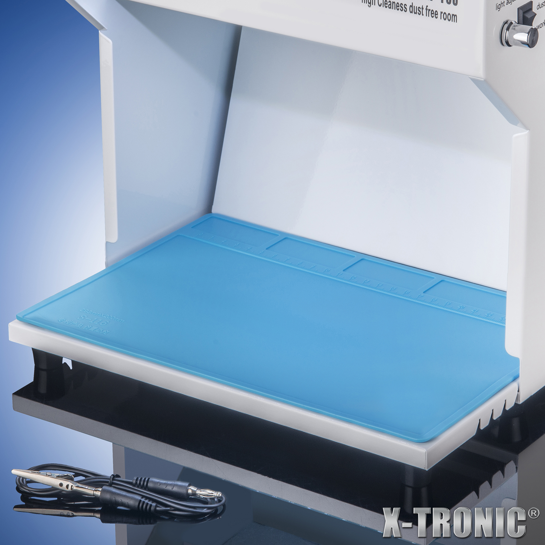 X-Tronic Model #DFX-100 • 20 Watt Compact Dust Free Room • Adjustable Fan Speed • Adjustable Dust Detection and Work Light • Work Table w/ Silicone Work Mat • Antistatic Alligator Clip • Lint Roller