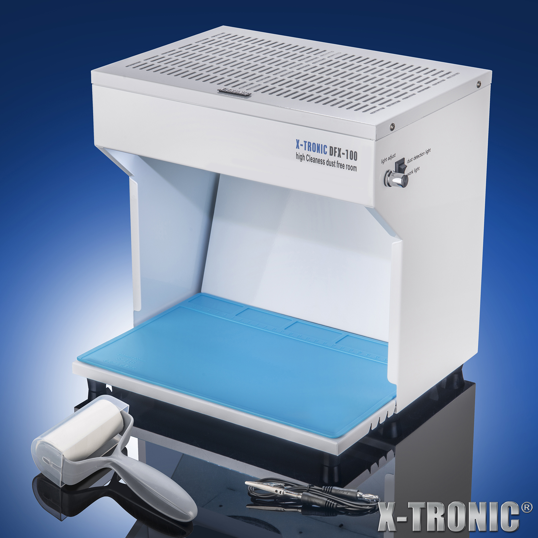 X-Tronic Model #DFX-100 • 20 Watt Compact Dust Free Room • Adjustable Fan Speed • Adjustable Dust Detection and Work Light • Work Table w/ Silicone Work Mat • Antistatic Alligator Clip • Lint Roller