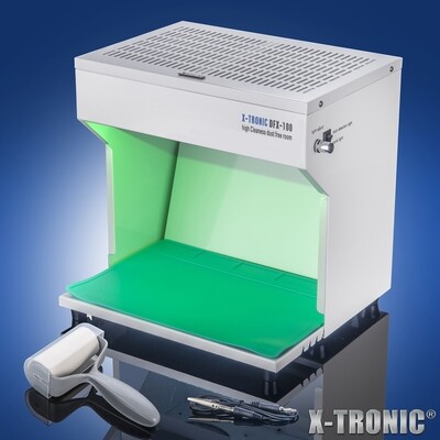 X-Tronic Model #DFX-100 • 20 Watt Compact Dust Free Room • Adjustable Fan Speed • Adjustable Dust Detection and Work Light • Work Table w/ Silicone Work Mat • Antistatic Alligator Clip • Lint Roller XTR-DFX-100