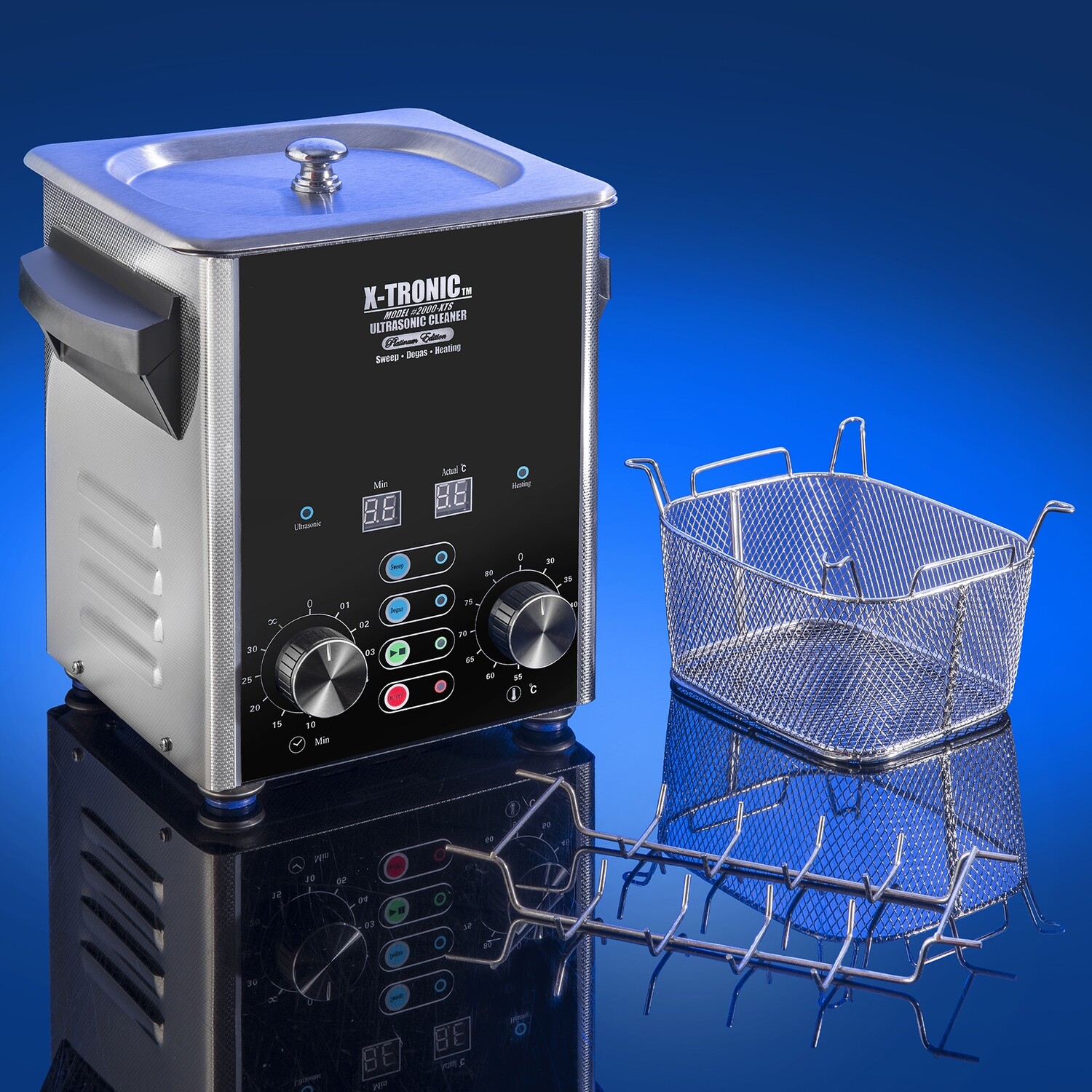 X-Tronic Model #2000-XTS 2.0 Liter Square Format "Platinum Edition" Commercial Ultrasonic Cleaner with Time/Temp LED Displays, Sweep &amp; Degas Controls, S/S Cleaning Basket &amp; Wire Rack Holder