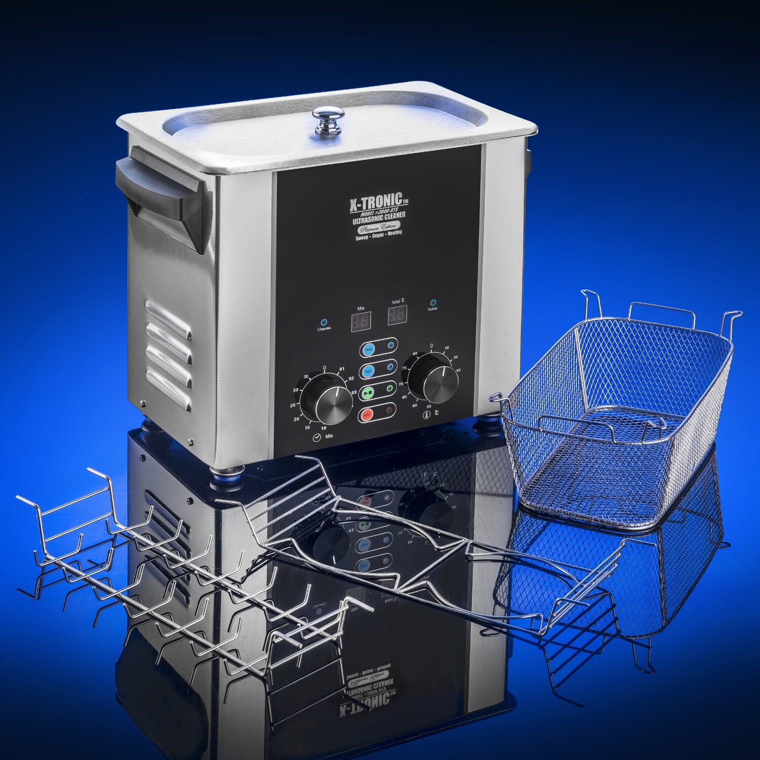 X-Tronic Model #3000-XTS 3.0 Liter"Platinum Edition" Commercial Ultrasonic Cleaner with Time/Temp LED Displays, Sweep &amp; Degas Controls, S/S Cleaning Basket, Wire Rack Holder &amp; Wire Beaker Holder