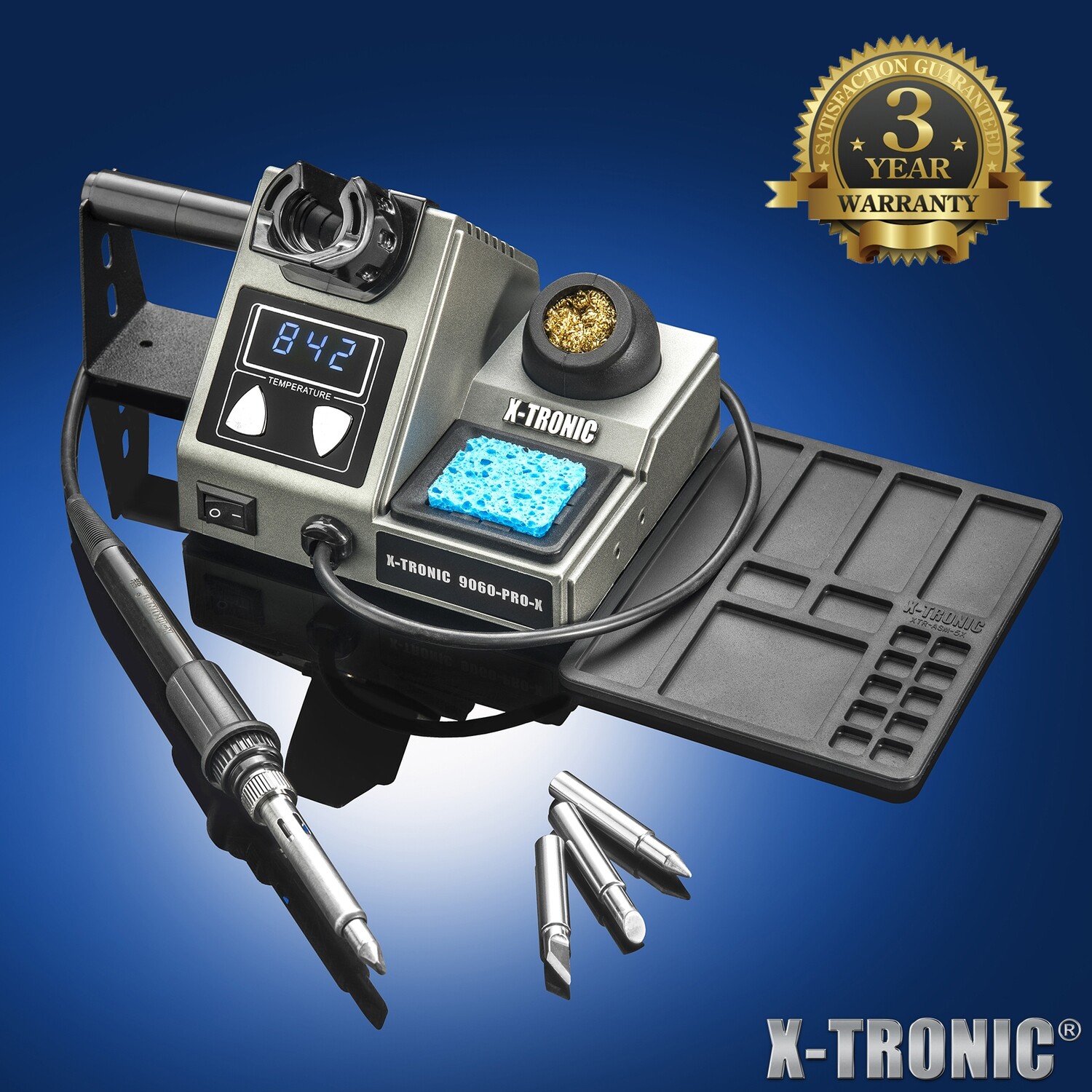 X-Tronic Model 9060-PRO-X • 200 Watt Stained Glass Soldering Iron Station with 4 Soldering Tips • Temp: 392°F - 842°F/200°C - 450°C • °C/°F Conversion • 0 - 30 Minute Sleep Timer