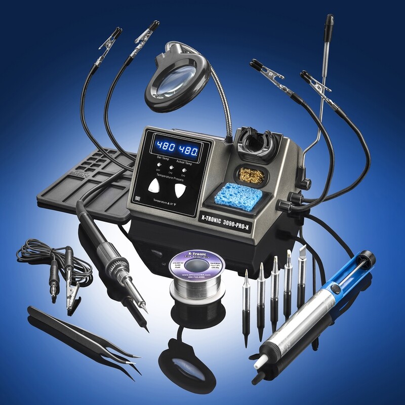 X-Tronic 3090-PRO-X – 75 W Soldering Iron Station – 5 Extra Tips, 2 LED Displays, Sleep Func, C/F, 3 Temp Presets, Mini Mag Lamp, 4 Helping Hands, Solder Sucker, Tweezers, Solder, Brass &amp; Wet Sponges